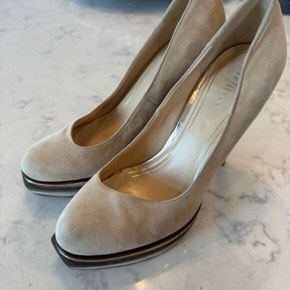 Cole Haan w/Nike Air Chelsea Double Platform Pump. Nude Calf Hair Suede. Size 7 - Picture 2 of 9